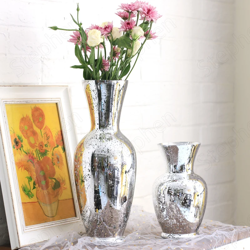 Silver Plating Broken Flowers Glass Vase Nordic Decoration Home Mirror Flower Pots Decorative Tall Floor Vases for Living Room