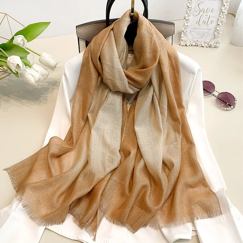 

2021 New Fashion Gradient Silk Scarf Women Plain Ombre Glitter Fringe Shawl Ladies Shimmer Hijabs and Wraps Bufandas Muslim Caps