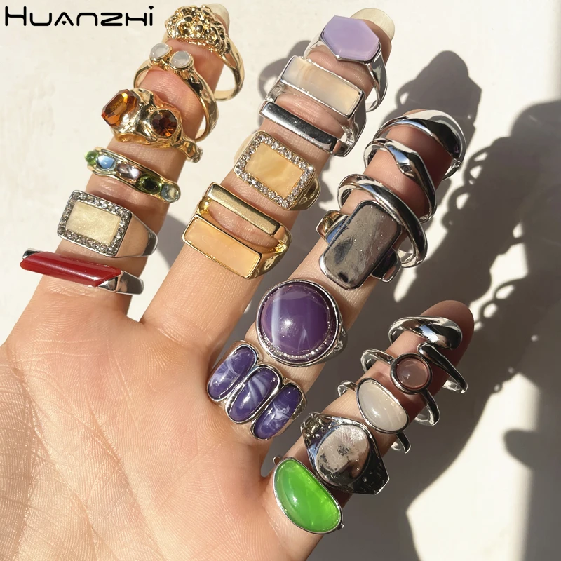 

Summer Vintage 5pcs/set Sliver Color Geometric Colorful Stone Rhinestone Metal Finger Rings Set for Women Jewelry HUANZHI 2021