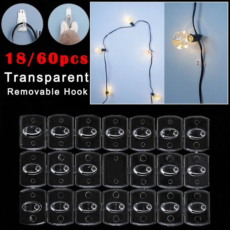 

18/60pc Small Size Transparent Removable Hook Strong Seamless Christmas Cable Clamp Adhesive Hook Kitchen Wall Bedroom Wall Rack