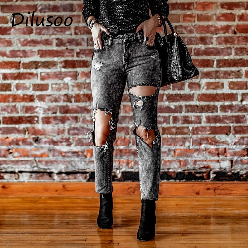 

Dilusoo Vintage Straight Jeans Pants Women Elastic Big Holes Ripped Jeans Skinny Pencil Pants Female Casual Jeans Trousers 2021