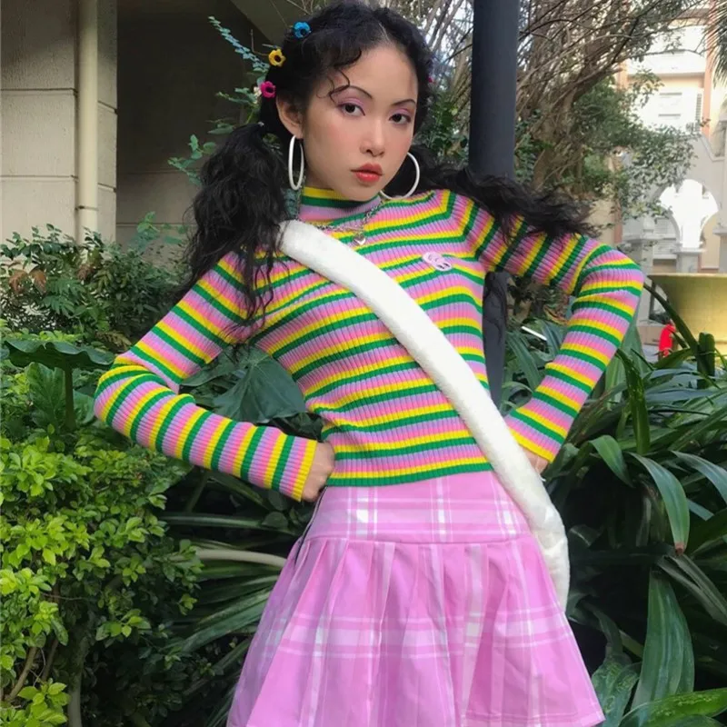 Облегающие Женские трикотажные пуловеры в полоску с круглым вырезом осенние