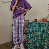 wide leg pants women chic purple plaid retro summer stylish harajuku basic ins teens streetwear workout all match ladies trouser
