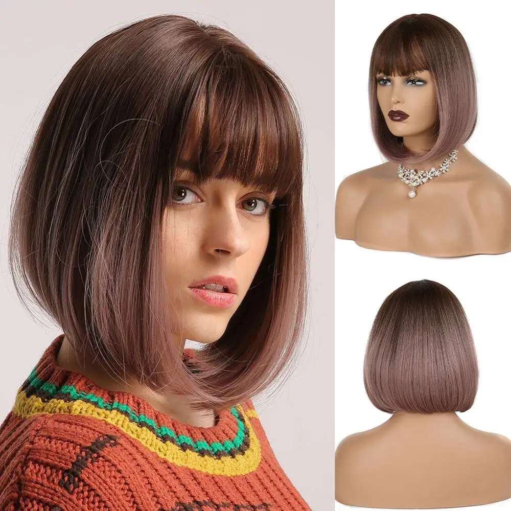 

Short Ombre Brown Bob Wig with Neat Bangs for Women Synthetic Heat Resistant Natural Wigs Cosplay