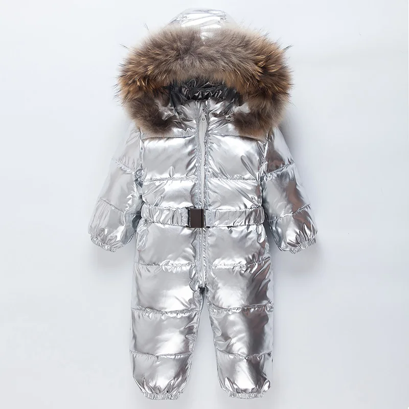 Shiny silver Зимние пуховики для малышей Серебряный Пуховый комбинезон для маленьких мальчиков, водонепроницаемый теплый зимний костюм для маленьких девочек воротник из натурального меха енота, От 0 до 2 лет - Цвет: Shiny silver