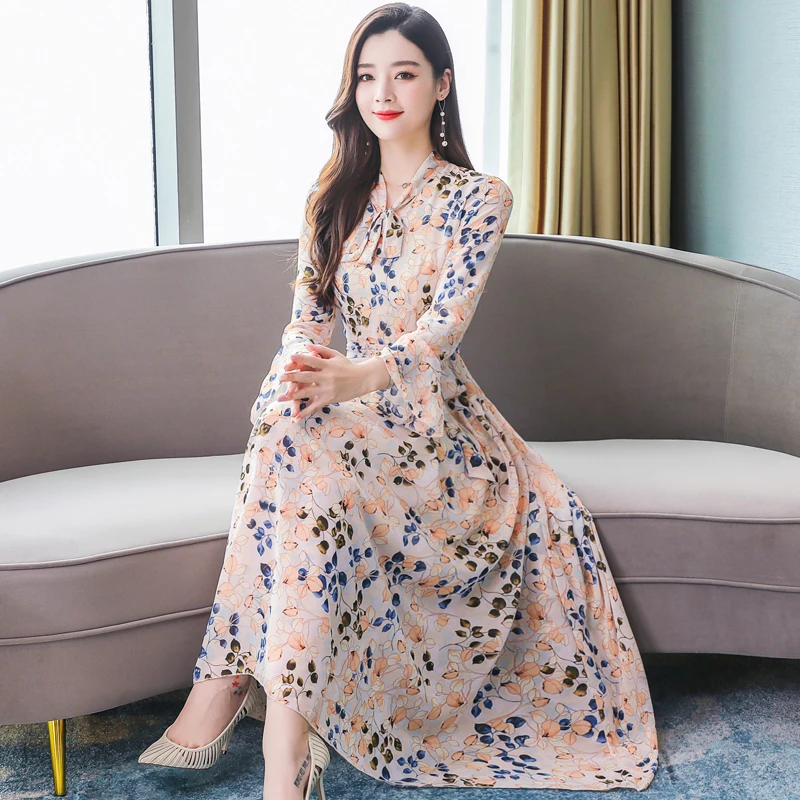 

2019 Autumn New Arrival Elegant Bow Collar Flower Printed Flare Sleeve Woman Chiffon Long Dress M-3XL