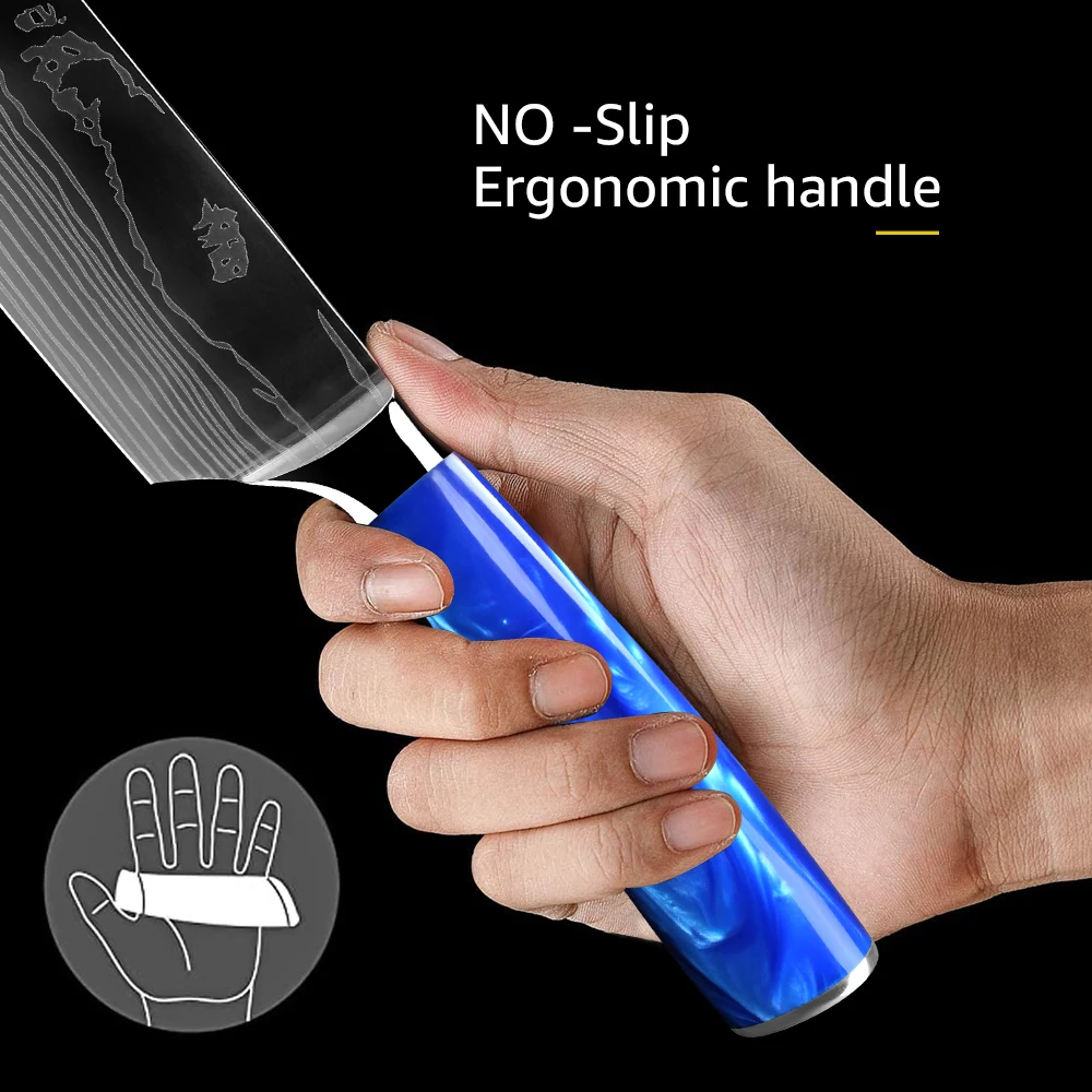 

Kitchen Knives Set Chef Japanese Santoku Cleaver Slicer Utility Knife Blue Resin Handle Damascus Pattern 7CR17 440C Steel