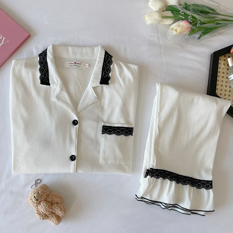

2021 Autumn Comfortable Pyjamas Ribbed Lace-up Lace Lapel Knitted Short Sleeve Long Pants Cotton Women Women's Sleepwear