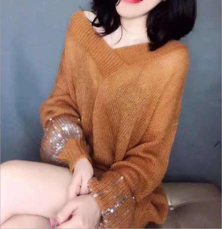 Расшитый блестками фонарь рукав пуловер из мохера женские вязаные свитера длинный рукав свободный v-образный вырез сексуальный женский свитер Femme пальто s674