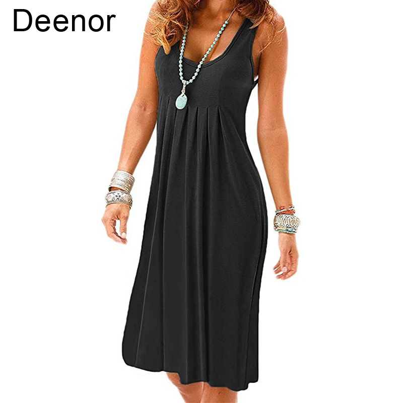 Deenor Solid Dress Round Neck Vest Skirt Sleeveless Holiday Dress Women's Summer Casual Beach Plus Size Loose T-shirt Dress