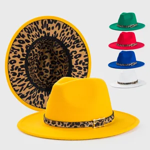 Imported Yellow fedora inner leopard print spring new hat Panama felt hat for men and women jazz hat fedora h