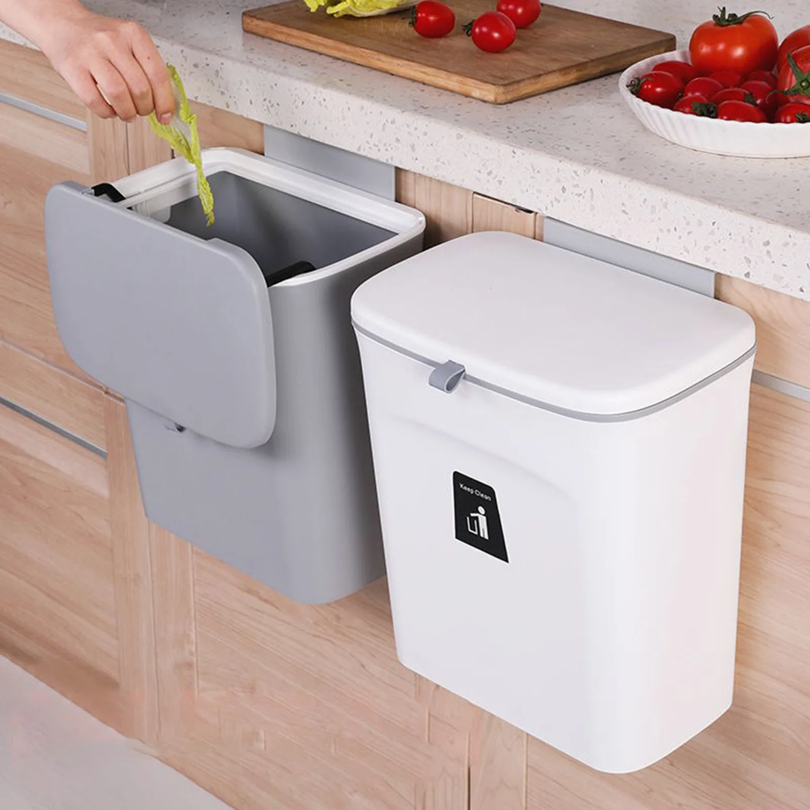 

Lixeira suspensa com tampa para porta de armario, 9l, lata de lixo para cozinha, casa, escritorio, carro, residuos de alimentos,