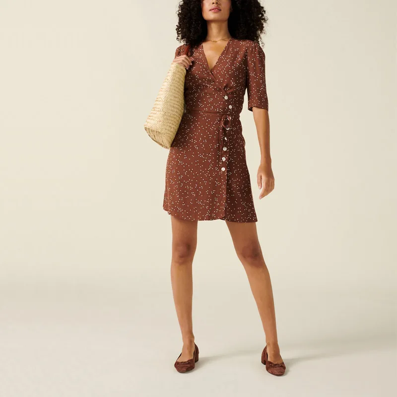 

Женское платье в горошек, с V-образным вырезом и коротким рукавом