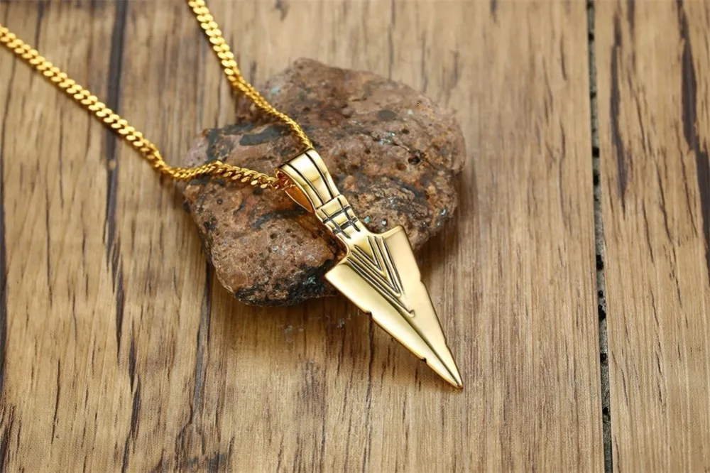 Goldtone Оловянная голова, племенная серфинговая одежда, ожерелье s для мужчин, нержавеющая сталь, копье, кулон, ожерелье с 24 дюймов