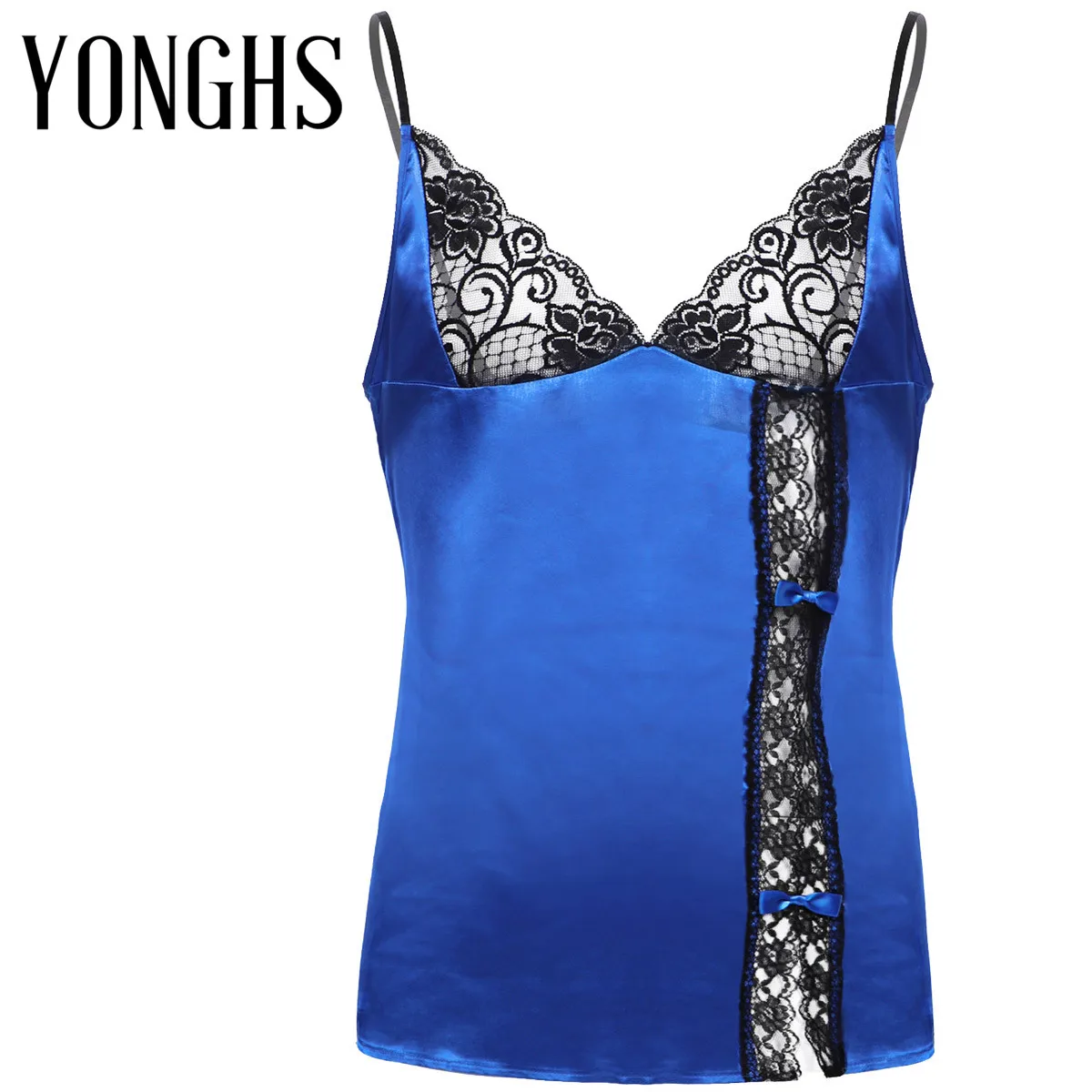 

Mens Sissy Smooth Silky Satin Lingerie Adjustable Spaghetti Shoulder Straps Deep V Neck Lace Trim Chemise Babydoll Sleepwear