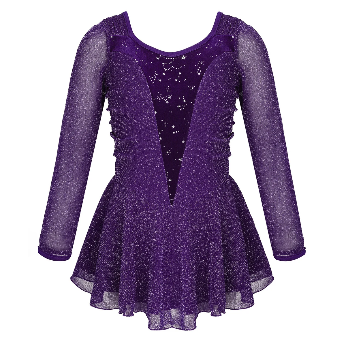 

Girls Ballet Dance Leotard Dress ballerina Shiny Stretchy Long Sleeves Silver Glitters Velvet Splice Figure Ice Skating Dress