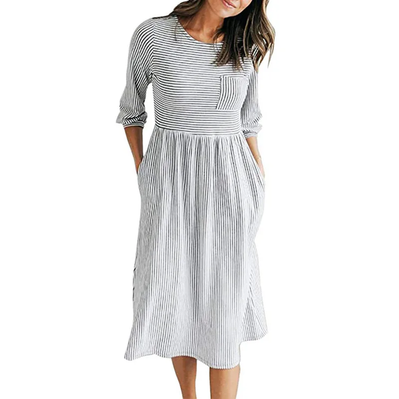 

Женское платье в полоску с карманами и пятью точками, платье средней длины, Осеннее Новое модное свободное платье с круглым вырезом, Корейск...