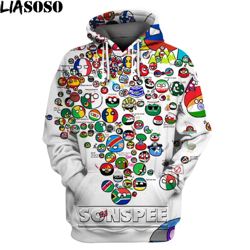 

LIASOSO Countryballs Polandballs Print Long Sleeve Polandball Hooded Sweatshirt Africa FRANCE RUSSIA UK Germany Anime Clothes