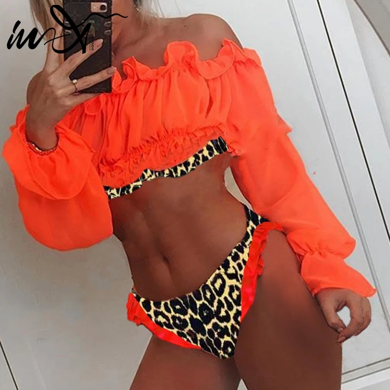 В х сексуальные длинные рукава бикини Леопардовый купальник с оборками