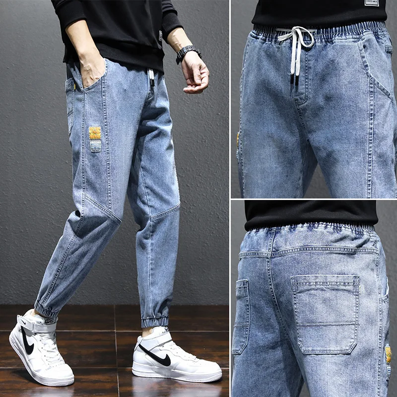 

2021 Spring and Autumn New Solid Color Men's Trendy Brand Loose Nine-point Tooling Harlan Casual Tie-feet Men's Patchwork Jeans