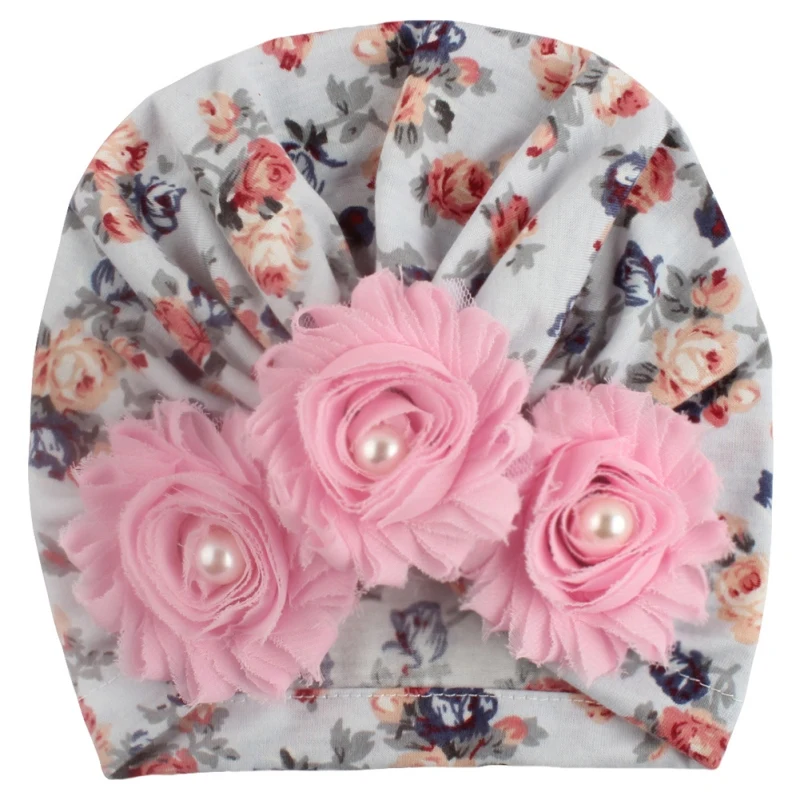Осенне-зимние мягкие милые шапки для новорожденных с цветами и жемчужинами