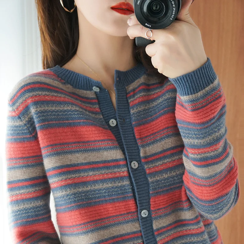 

20201 Autumn Winter Striped Cardigan Women Sweater New Korean Style O Neck Cashmere Cardigan Women Wool Knitted Coat Cardiga