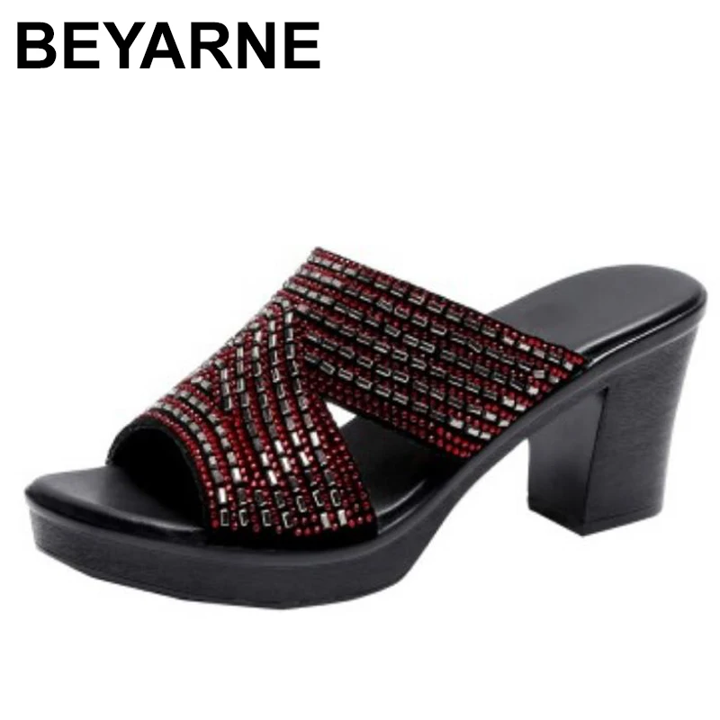 

BEYARNE Women Sandals Shoes Fashion Low Platform Peep Toe Slippers Modern Square High Heels Casual Female Shoes Size 35-41