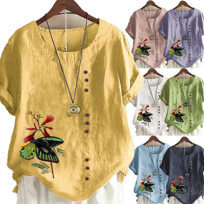 

Женская свободная рубашка с коротким рукавом и круглым вырезом