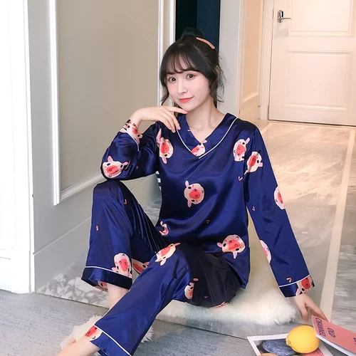 C Q 899 lan Осенняя Шелковая пижама с длинным рукавом для женщин pijama mujer, милый пижамный комплект с мультяшным принтом, домашняя одежда, длинные штаны, сексуальные пижамы - Цвет: C Q 899 lan