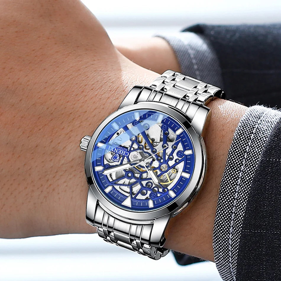Модные автоматические механические мужские часы серебристого цвета из