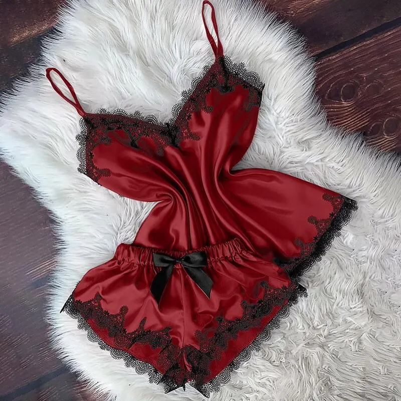 

Laamei Deep V New Sexy Floral Lace Patchwork Underwear Satin Silk Solid Women Sexy Pajamas Temptation Breathable Underwear