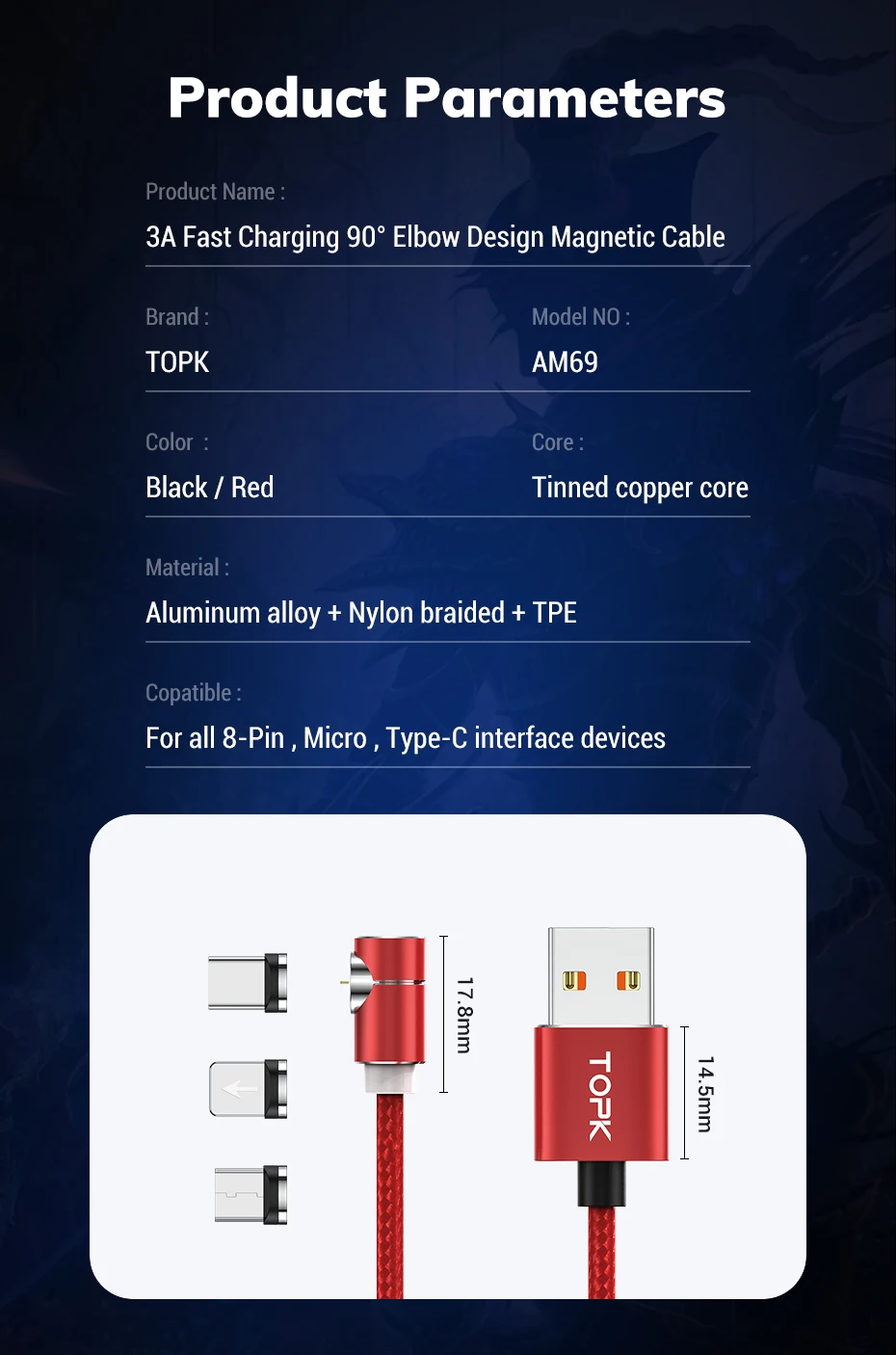 TOPK светодиодный магнитный usb-кабель для быстрой зарядки iPhone X 7, кабель USB type C и кабель Micro usb 5A для samsung Xiaomi huawei