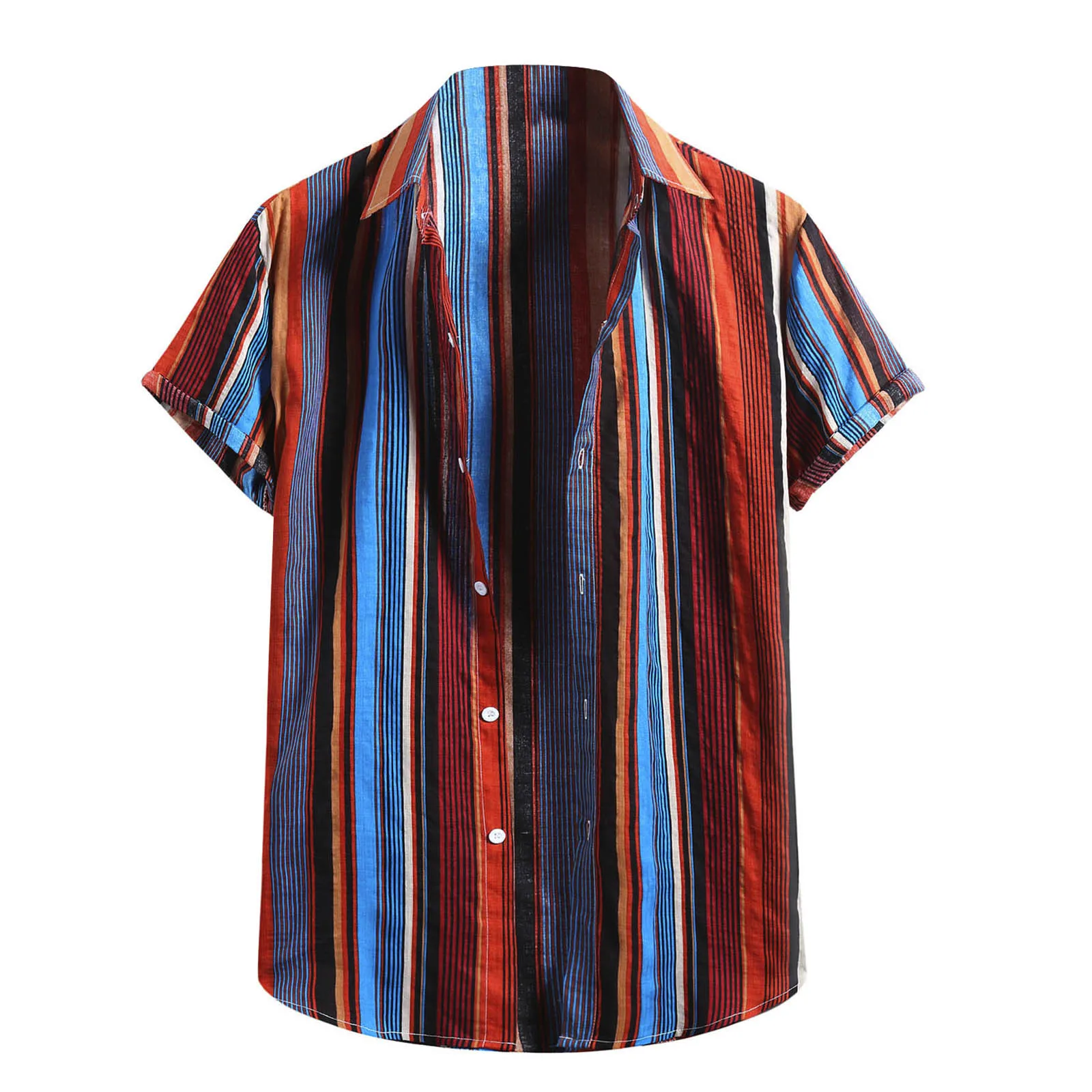 

Hawaiian Summer Men Shirt Striped Print Short Sleeve Blouse Cotton Linen Breathable Shirts Casual Streetwear Camisas Kimono