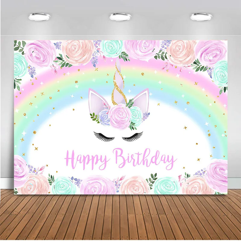 

Sweet Unicorn Theme Birthday Party Background Rainbow Water-flower Golden Dots Photo Backdrop Colorful Banner Decoration