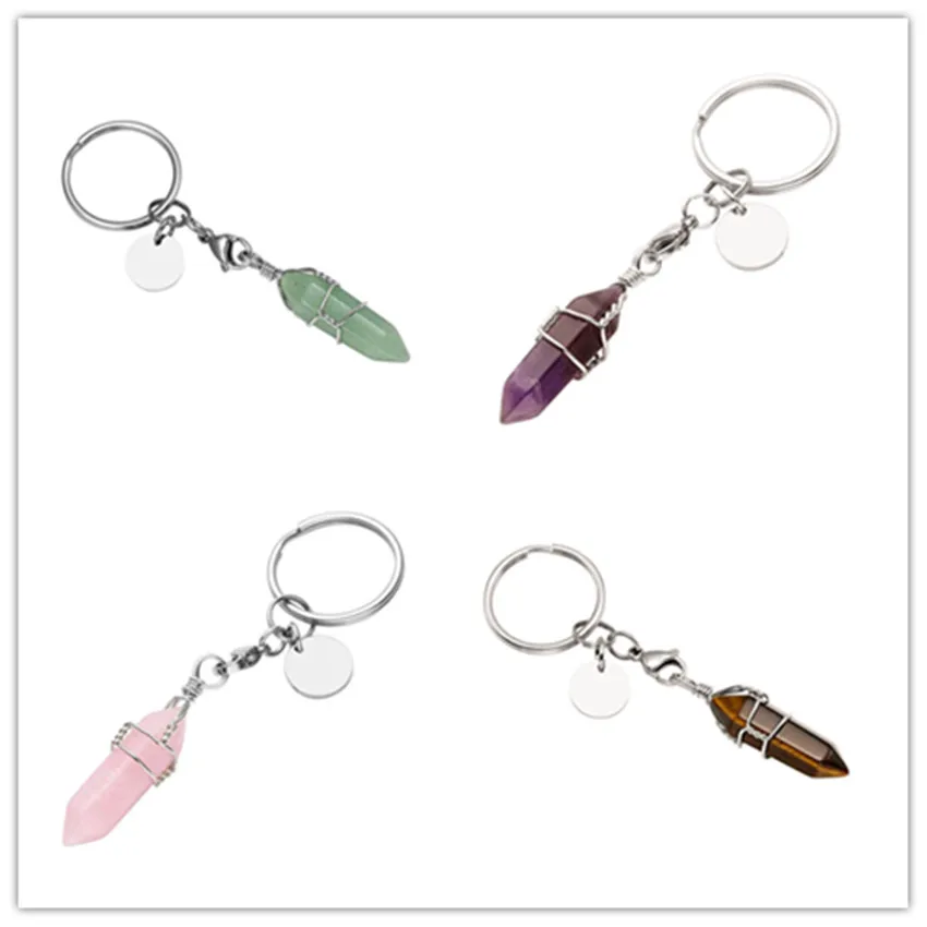 

FYJS Unique Silver Plated Wire Wrap Circle Lobster Clasp Hexagon Prism Rock Crystal Key Chain Rose Pink Quartz Jewelry