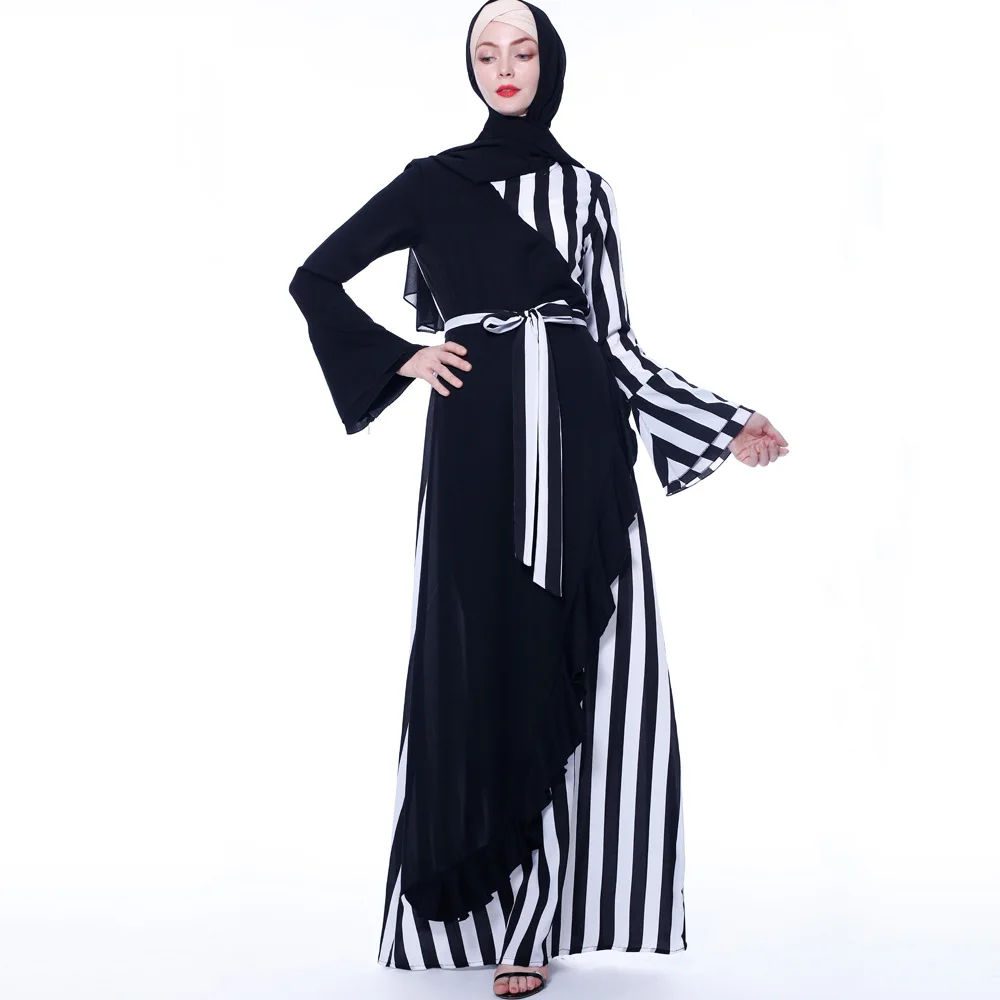 

2021 Muslim New Abaya Women Patchwork Color Striped Flared Sleeve Lace Dress By Middle Eastern Fashion Abaya Turkish Dresses
