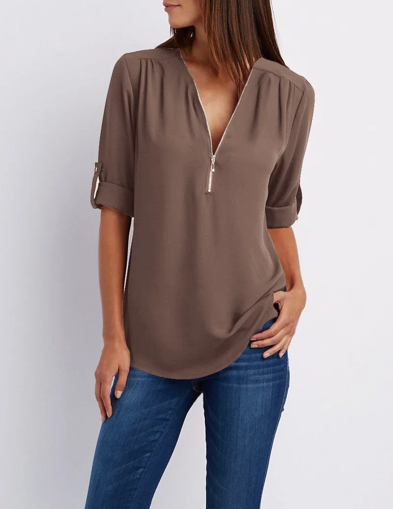 S-5XL Women Chiffon Blouse Casual Half Sleeve V-Neck Zipper Blue Irregular Loose Shirts Summer Autumn Sexy Tops Plus Size Shirts