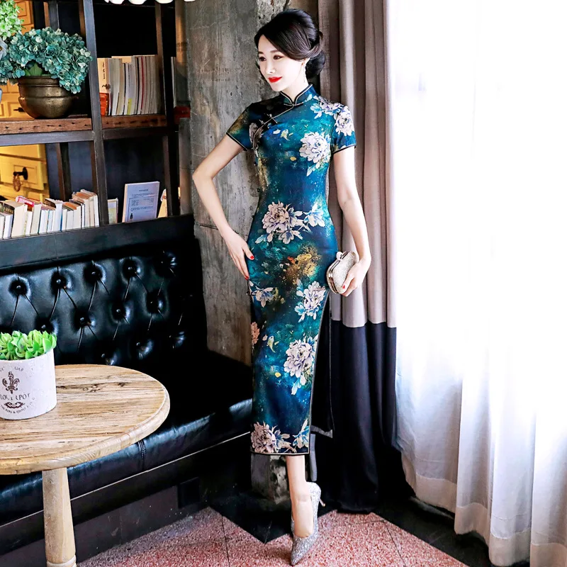 

Sexy Slim Long Qipao Chinese Traditional Classic Madnarin Collar Vintage Womencheongsam Novelty Print Flower Vestidos Plus Size