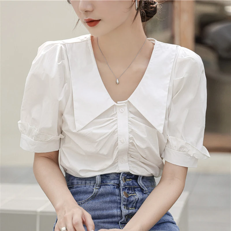 

HziriP, Новинка лета 2021, французская Ретро рубашка с отложным воротником, короткая рубашка на пуговицах, блузка с грибком съедобного дерева, Оф...