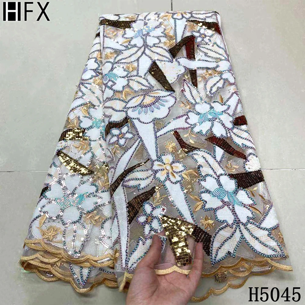 

HFX 2021 Latest African Lace Fabric Embroidery Nigerian Sequin Lace Fabric High Quality French Tulle Lace Fabric For dress H5045