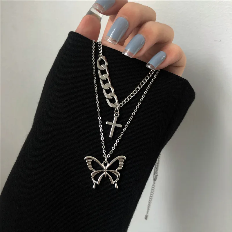

Double cascade butterfly necklace female hip-hop collarbone chain cross 2021 new sweater chain accessories