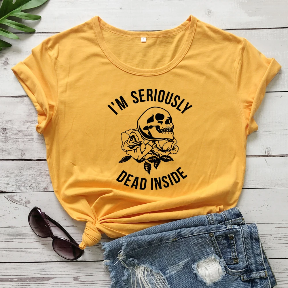 yellow-black text Футболка с принтом «I'M Dead Inside Skull»; Летняя Повседневная футболка с короткими рукавами и принтом в виде черепа; стильная футболка в стиле Харадзюку С гранж; модные топы; Camisetas - Цвет: yellow-black text