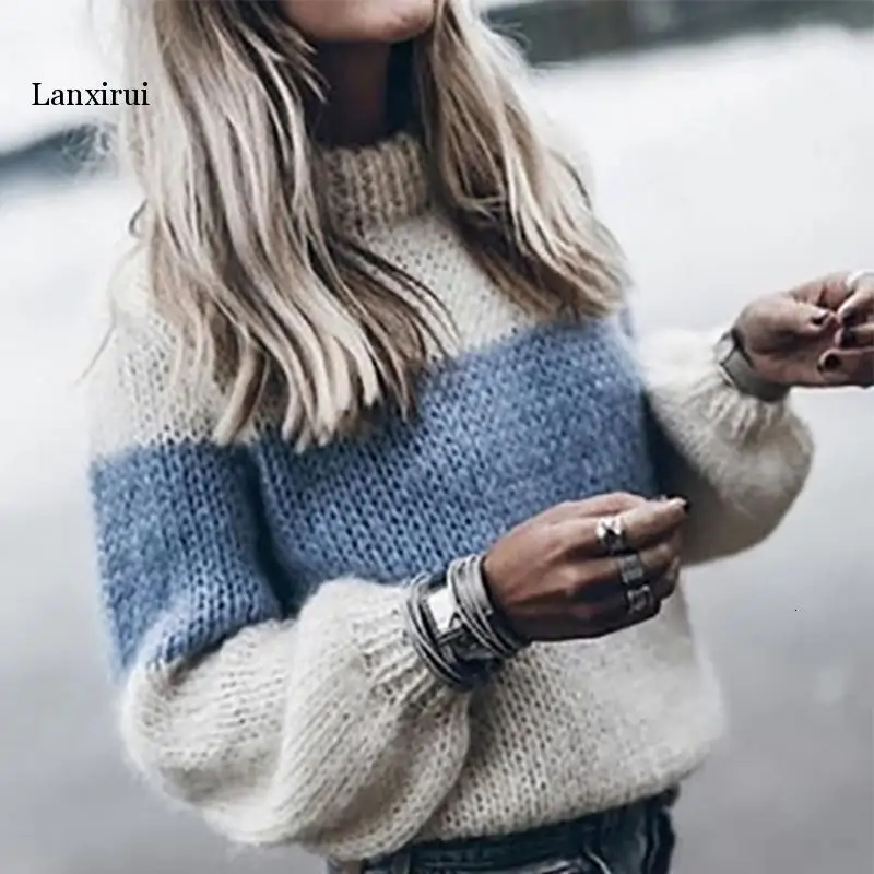 

Autumn Winter Women's Loose Knitted Sweater Long Sleeve O-Neck PatchWork Pullover Sweaters For Female 2019 Fashion Warm Clothes