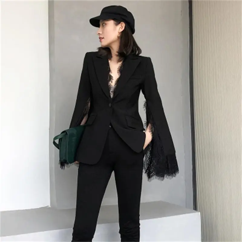

Women Blazers women Jackets women coat Summer New high end black loose lace splice professional OL lace suit women Blazers