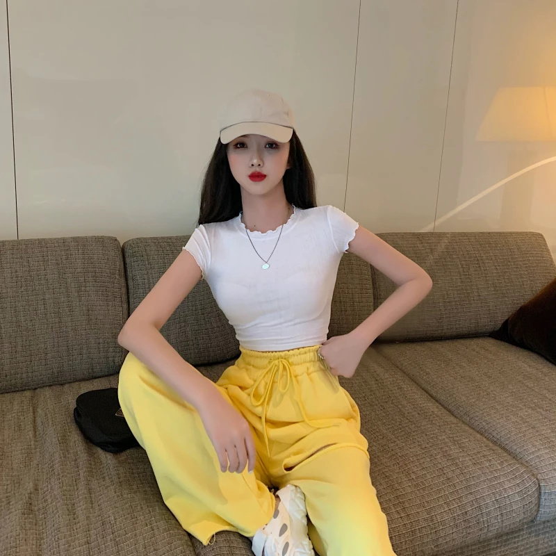 

2021 spring summer fashion new INS super fire fungus ear slimming belly button short sleeve T-shirt trendy women #8549