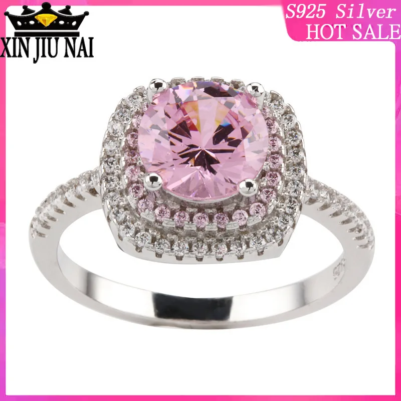 

925 sterling silver Luxury luxury women's micro inlaid zircon ring Princess girl is a square pink diamond street fashion jewelry