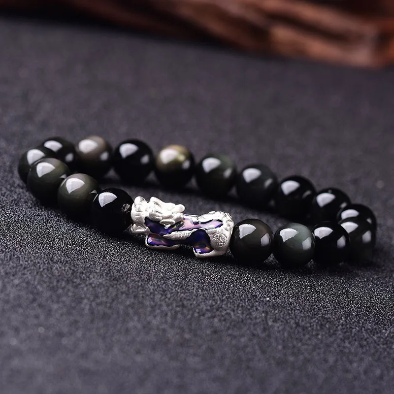 Браслет из натурального обсидиана с бусинами 999 Стерлинговое Серебро храбрые