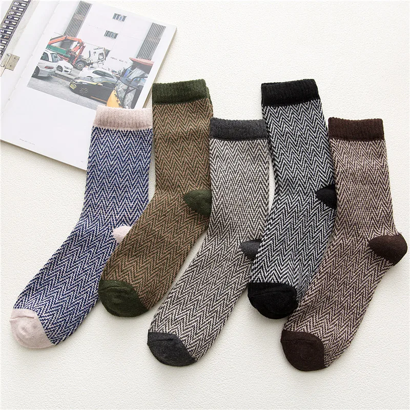 Autumn Winter Warm Men's Wool Socks Man Crew Calcetines Corrugated Cashmere Ethnic Thick Sock Male Calf Hosiery Fuzzy Stocking