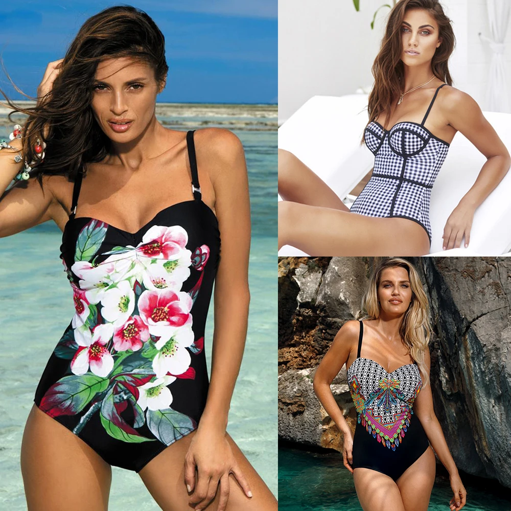 Женский слитный купальник пуш ап винтажный купальный костюм в клетку монокини