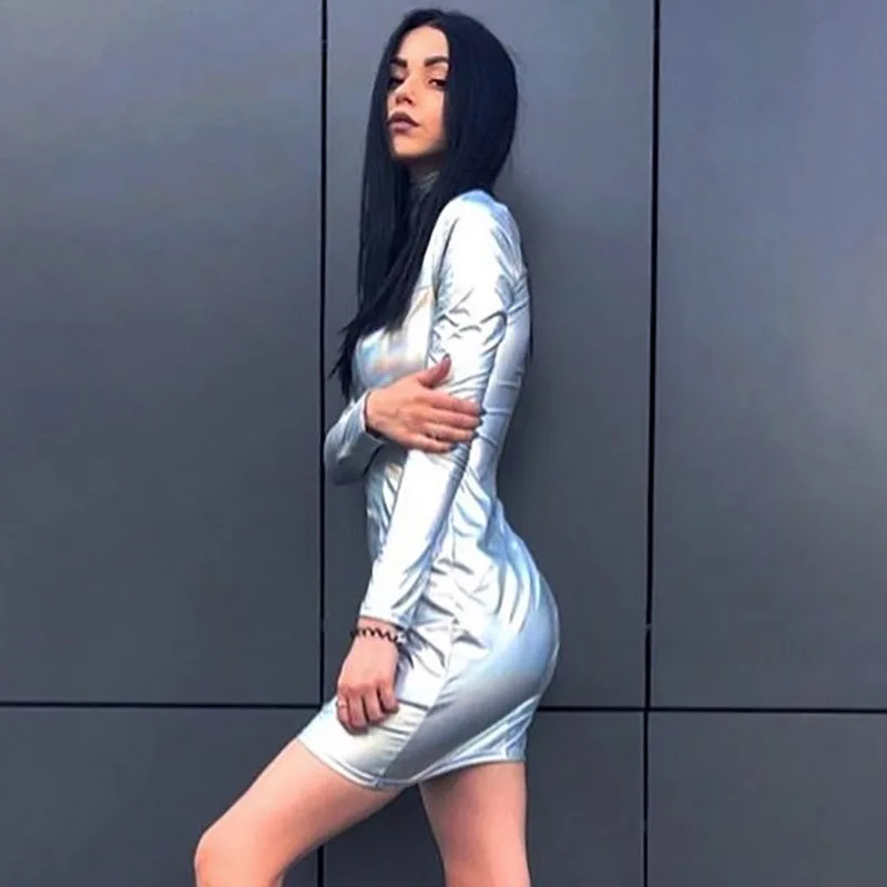 

Fall Clothes Ladies Reflective Holographic Summer Women 2021 Turtleneck Long Sleeve Mini Bodycon Sexy Metallic Sparkly Dress